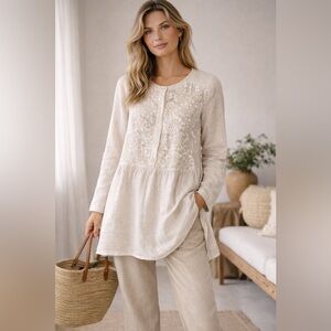 120% Lino Lagenlook Linen Dress Long Sleeve Oatmeal Sequined , size 12